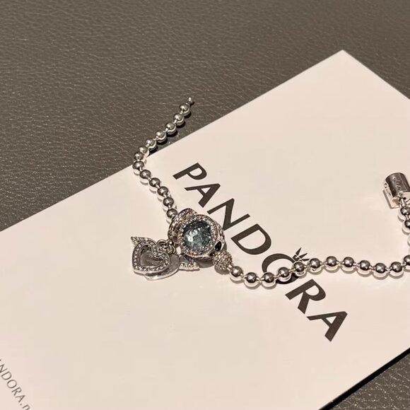 Pandora Silver Beaded Bracelet with Blue Crystal & Heart Angel Charm - Picture 3 of 5